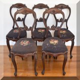 F18. 5 Victorian balloon back chairs with needlepoint seats. 34”h x 18”w x 16”d - $200 